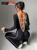 Mono de una pieza sin costuras nuevo transfronterizo para mujer, Conjunto de yoga con bloques de color a rayas, Pantalones acampanados con espalda cruzada, Ropa de fitness