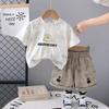 Verão Novo Terno de Meninos 2025 Manga Curta Moda Infantil Verão Gola Redonda Roupas Conjunto de Duas Peças Bebê Estilo Tendência