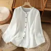Camisa Casual de Botão de Cor Sólida de Algodão e Linho para Mulheres, Primavera e Verão, Manga Três Quartos, Design Único, Novo Estilo Cardigan Top Feminino
