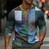 Camisa Henley de Manga Larga para Hombre con Estampado a Cuadros Colorido 3D Hip Hop Tendencia Streetwear Primavera Otoño Top Casual Abotonado