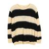 Suéter de punto retro a rayas con cuello redondo para mujer, nuevo de otoño, talla grande mm, top tipo blusa holgada rasgada 120074
