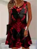 Vestido sin mangas con estampado de rosas y murciélagos de Halloween, estilo tinta oscura, minivestido tipo tank top de corte A holgado con cuello redondo