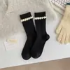 Meias Quentes de Lã Youjiaxiu Outono e Inverno Novas para Mulheres, Meias de Cano Médio com Punho Bolha Color-Blocking Estilo Japonês, Meias Arrastão Vazadas para Mulheres