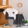 2026 Nueva Ropa Infantil Estilo Verano Fresca Camiseta Conjunto Niños Verano Patchwork Mezclilla Cuello Redondo Conjunto de Dos Piezas Comercio Exterior