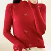 Suéter de otoño e invierno de cuello medio, nueva camiseta básica de punto de color liso para mujer, top ajustado de rayas verticales para mujer