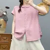 Camisa Minimalista de Lino sin Mangas para Mujer, Verano, Cuello Campana, Botones, Holgada, Artística, Blusa, Top para Viajar con Mangas Acampanadas