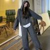 Nuevo traje de estilo perezoso de otoño e invierno, chaqueta holgada a rayas con capucha, pantalones de pierna recta y ancha para mujer, conjunto de dos piezas