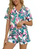 Novo Conjunto de Pijama Feminino de Verão Europeu e Americano da Amazon com Gola Lapela Estampada Conjunto de Duas Peças com Shorts Estampados Digitais de Manga Curta