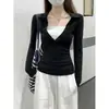Fotos reais, preços reais. Blusa top T-shirt de manga comprida com gola polo, botões, estilo coreano elegante, justa, imitação de duas peças para outono