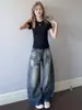 Jeans Retrô Americano Lavado com Padrão de Nó de Bambu Perna Curva Feminino 2026 Novo Solto Emagrecedor Cintura Alta Perna Larga Comprimento Total