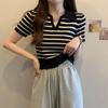 Camiseta de Verano para Mujer con Cuello Polo, Rayas, Tejido de Seda Helada, Manga Corta, Delgada, Moldeadora, Versátil, Cuello en V, Hombro, Top Sencillo