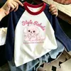 Camiseta infantil de manga comprida com estampa de desenho animado em algodão, gola redonda, estilo coreano, color-blocking, marca moderna, novo top versátil fofo para primavera/outono