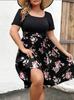 Europeu e Americano Transfronteiriço Amazon Temu Moda Tendência Elegante Vestido Decote Redondo Manga Curta Cintura Estampa Floral Tamanho Grande