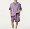 Conjunto Esportivo Casual de Algodão Puro Lavado para Homens, Novo Estilo de Verão, Gola Redonda Solta, Shorts de Manga Curta, Conjunto de Duas Peças Casual e Moderno