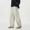 Calças casuais americanas de perna larga, corte solto para homens, nova coleção de outono, cor sólida simples, cintura elástica com cordão, inspiradas em workwear, calças compridas de perna curva