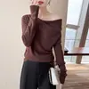 Suéter de Punto para Mujer 2026 Otoño/Invierno Nuevo Lana Fina Hombros Descubiertos Manga Larga Color Sólido Camisa Base Top de Moda