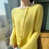 Cardigan de Cashmere Macio para a Pele, Cor Sólida, Estilo Pulôver Outono e Inverno para Mulheres, Gola Redonda, Novo Estilo, Manga Longa, Botão Diagonal, Estilo Europeu e Americano Versátil