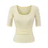 Camiseta Cinza U-Neck Manga Média em Lyocell Tencel para Mulheres 2026 Nova Slim-Fit Estilo Básico Top Versátil