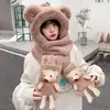 Bonito Gorro de Peluche Otoño e Invierno para Mujer, Set de Tres Piezas con Bufanda y Guantes, Gorro Integrado Forrado de Felpa y Engrosado, Resistente al Viento y Cálido para Exteriores