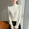 Blusa de tricô suave e elegante estilo francês com gola babada, apresentando padrão jacquard, nova coleção feminina 2026, camisa de manga longa doce e charmosa para usar por baixo