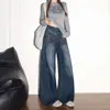 Diseño Bordado Jeans Sueltos de Pierna Ancha para Mujer Verano Retro Azul de Cintura Alta Pantalones Rectos con Caída Adelgazantes Versátiles