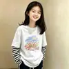 Camiseta de Manga Longa para Meninas 2026 Novo Estilo para Crianças de Média e Mais Velhas Estilosa Primavera e Outono Top Falso de Duas Peças Algodão Puro Roupa de Outono Camada Base