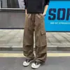 Pantalones Cargo Rectos Desgastados de Calle Americana para Hombre con Múltiples Bolsillos de Algodón Puro Lavado Pantalones Casuales para Hombre Pantalones de Paracaidista de Hoja Curva