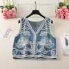Colete Jeans Estilo Étnico Tamanho Plus Size para Mulheres Usarem ao Ar Livre Verão 2025 Novo Top Interno Bordado com Renda para Mulheres Plus Size