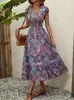 Vestido Largo de Algodón de Color Sólido con Cuello Redondo y Manga Corta, Estilo Vacacional Popular Transfronterizo 2024, Estilo Elegante de Primavera y Verano
