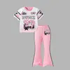 Conjunto de Pantalones Deportivos Acampanados de Verano para Niñas y Camiseta de Manga Corta con Estampado de Letras Americanas, Atuendo Casual de Dos Piezas para Niños Pequeños y Niños Pequeños