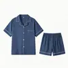 Pijama de gasa de algodón puro Yunduo para hombre, de manga corta para verano, color liso simple, conjunto de dos piezas de ropa de casa de alta gama (Xin)