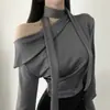 Coreia do Sul Dongdaemun Design Sense Camisa de Cetim Slim T-shirt Feminina Nicho Elegante Gola Assimétrica Slim-fit Top Tendência