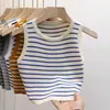 Verano para Mujer Estilo Coreano Nuevas Llegadas Ropa Exterior Tejido Sin Mangas Top Corto Ajustado Cuello Redondo Top sin Mangas Rayado
