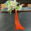 Pendente de leque redondo com espiga de espinho para pendurar, com borla, bordado à mão, pingente de leque de princesa fragrante, espiga de pérola artificial