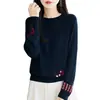 Camisa de Raccoon Bordada con Cuello Redondo y Color de Contraste para Otoño e Invierno, Camiseta de Punto Básica de Manga Larga Suelta para Mujer, Suéter Versátil de Moda para Mujer
