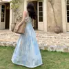 Vestido de Suspensório com Design de Contas Azuis Estilo Resort para Mulheres, Verão, Cintura Longa