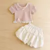 Roupa para Passeio: Tricô com Gola Polo e Detalhe de Renda, Conjunto Infantil 100% Algodão, Calça Bloomers Bufante, Conjunto de Duas Peças para Meninas
