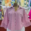 Moda Femenina Transfronteriza Europea y Americana Primavera 2026 Nuevo Estilo Elegante Diseño de Nicho Cuello Camisero Holgado Top de Camisa Rayado