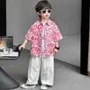 Conjunto de Camisa Floral Color Carmesí Claro para Niños de Verano, Conjunto Casual de Camisa de Manga Corta Estilo Coreano para Niños, Ropa de Verano para Bebés