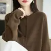Nuevo cárdigan de punto sin costuras de una pieza para otoño, mujer, simple francés, cuello redondo, manga larga, suéter holgado, abrigo, capa base