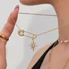 Broche Completo de Diamantes Inspirado en el Diseño Estrella de Ocho Puntas Colgante de Girasol Cadena para Clavícula para Mujer, Pulsera Collar Estrella de Cinco Puntas de Concha Natural