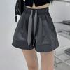 Shorts de Trabalho de Verão Novo Estilo Cor Sólida com Amarração na Cintura Elástico Emagrecedor Perna Larga Pg3524