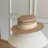 Sombrero de Paja Hueco Estilo Old Money para Mujer, Sombrero de Playa de Verano, Vacaciones en la Playa, Estilo Británico, Elegante, Sombrero de Copa Plana que Adelgaza el Rostro