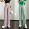 Pantalones Casuales de Seda de Hielo con Aberturas para Mujer, Ropa Exterior de Verano, Pantalones de Pierna Ancha de Cintura Alta, Pantalones Ligeros Sueltos Dagging, Pantalones Rectos de Color Sólido