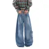Jeans Anchos de Pierna Recta, Corte Curvo Estilo Americano, Diseño de Marca de Moda para Hombre, Lavado Recto, Largo Hasta el Suelo, Pantalones Versátiles y a la Moda