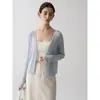 Cardigan de Punto Versátil de Manga Corta para Mujer, con Cuello en V y Canalé, Hecho de Hilo de Papel Japonés de Peso Pesado, Tencel y Algodón, Chaqueta Protectora del Sol, Top de Verano