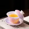 Juego de Té de Porcelana Kung Fu con Color Esmaltado, Tazón de Cerámica de Tres Piezas con Tapa, Taza de Té, Taza de Maestro, Taza de Té Decorada con Flores Hecha a Mano
