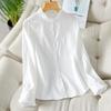 Camisa Blanca con Cuello Volante para Mujer, Manga Larga, Colección Otoño 2026, Diseño Único, Top Hecho de Algodón Peinado Fino, Camisa Básica Profesional