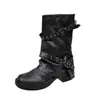 Botas Femininas 2026 Novas Vintage Plissadas Biker Com Rebites Salto Grosso Cano Curto Com Fivela Quadradas Pretas