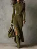 2025 En Stock Alta Calidad Doble Cara Cachemir Nuevo Otoño Moda Europea y Americana Elegante Temperamento Cremallera Cuello Alto Vestido